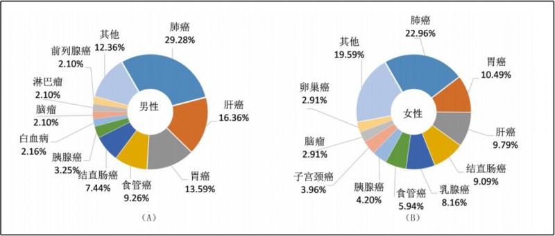 2015年中国前10位恶性肿瘤死亡构成