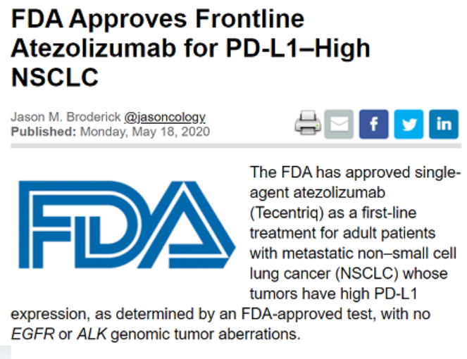 FDA批准阿替利珠单抗单药用于非小细胞肺癌一线治疗