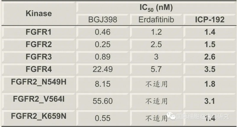 IC50是指FGFR激酶活性被抑制一半时抑制剂的浓度