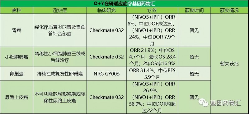 双免疫联合疗法O药+Y药在研的适应症