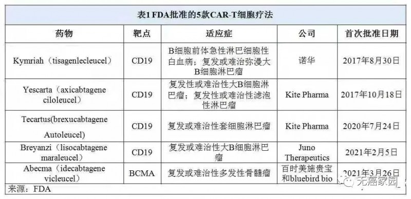 美国FDA批准的五款CAR-T疗法