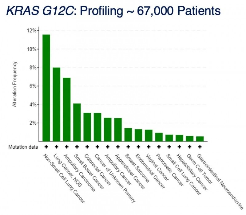 KRAS G12C在各类癌症中的突变频率