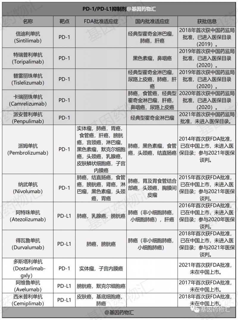 中国上市的免疫治疗PD-1/PD-L1治疗药物