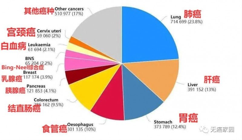 2020年中国癌症死亡例数前十的癌症类型