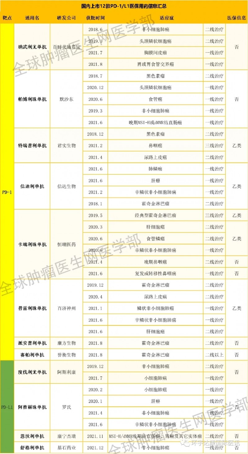 国内上市的12款PD-1/PD-L1医保用药信息汇总