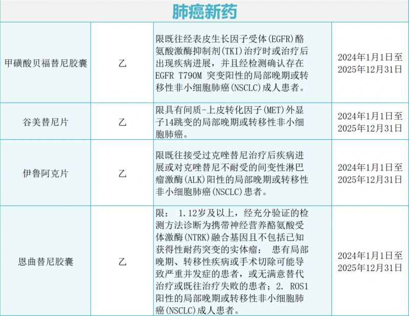 2024年纳入医保的肺癌新药