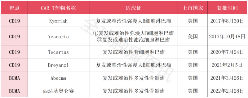 美国上市的6款CAR-T疗法