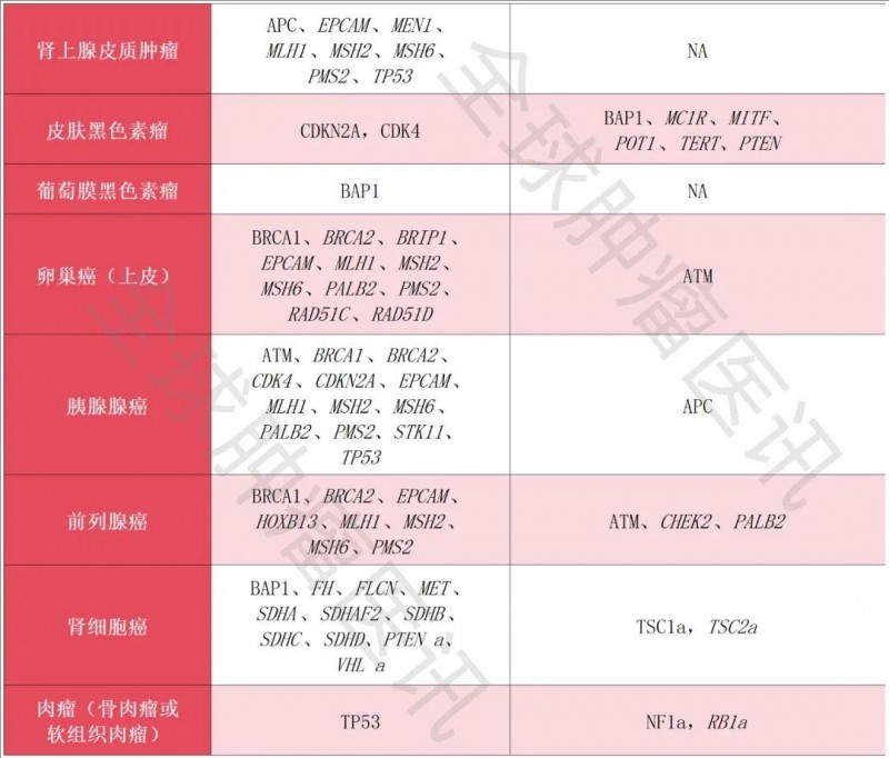 特定癌症多基因检测组合的基因一览
