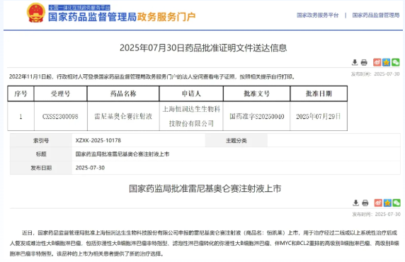 雷尼基奥仑赛获批上市