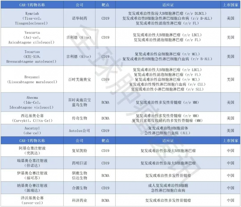 中美两国上市的CART细胞疗法