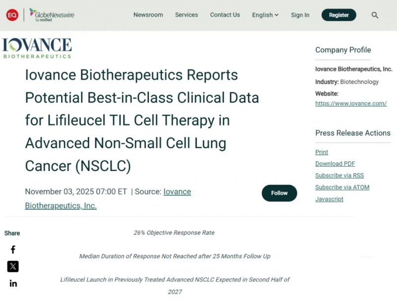 Iovance官网披露Lifileucel治疗肺癌的数据