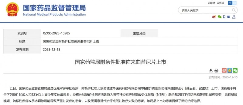 佐来曲替尼获批上市